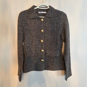 Zara Gray Textured Knit Button-Front Blazer